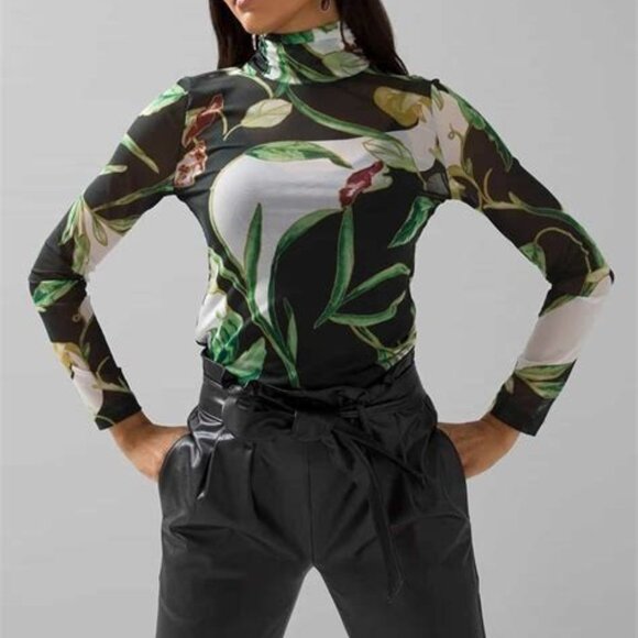 WHITE HOUSE BLACK MARKET LONG SLEEVE SHEER MESH TURTLENECK FLORAL PRINT XS - Picture 1 of 9
